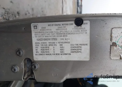 2000 Chevrolet Blazer Ls из США, поврежденный, VIN 1GNCS18W0YK137050